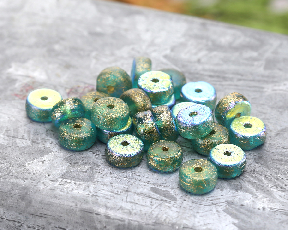 Czech Glass Textured Aquamarine AB w/ Gold Wash Heishi 3x6mm