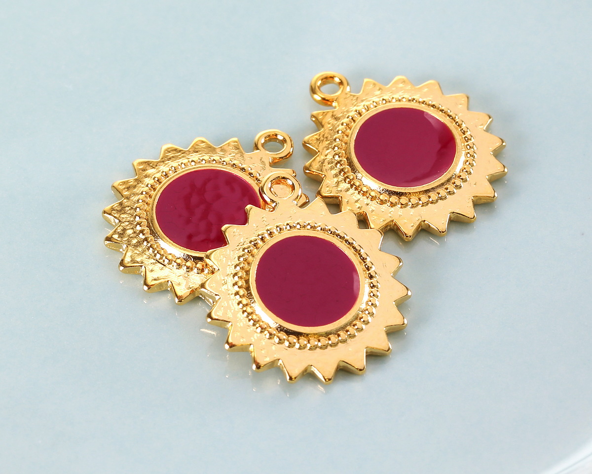 24K Gold (plated) Cranberry Enamel Sun Focal 18x21mm