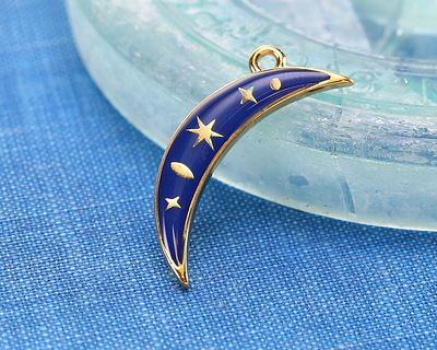 24K Gold (plated) Cobalt Enamel Celestial Crescent Moon Focal 7x25mm