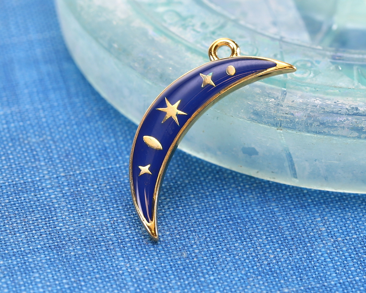 24K Gold (plated) Cobalt Enamel Celestial Crescent Moon Focal 7x25mm