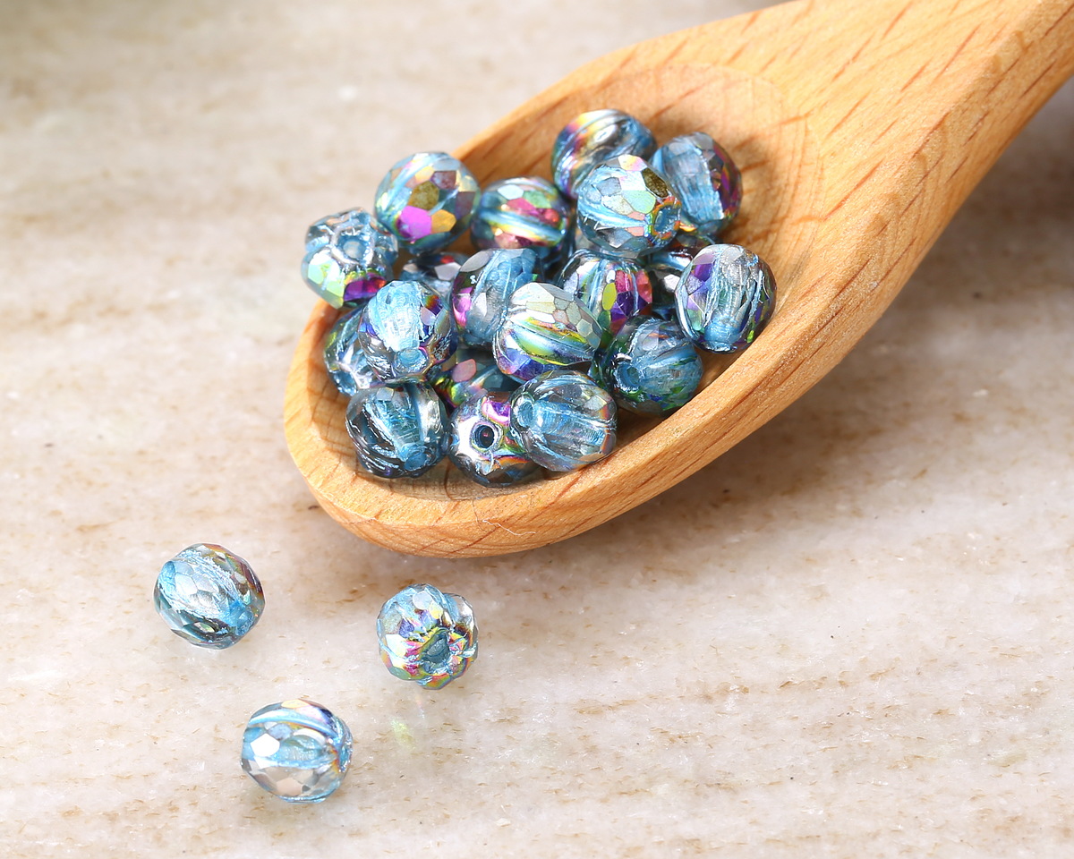 Czech Glass Crystal w/ Vitrail & Turquoise Wash Faceted Melon Round 6mm