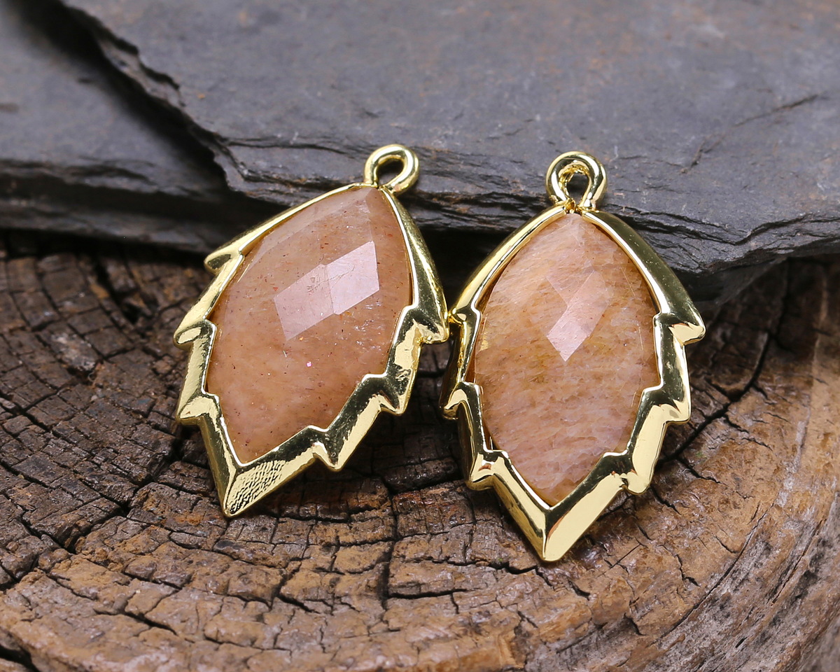 Peach Moonstone Faceted Puff Leaf Focal w/ Gold Finish 14x22mm