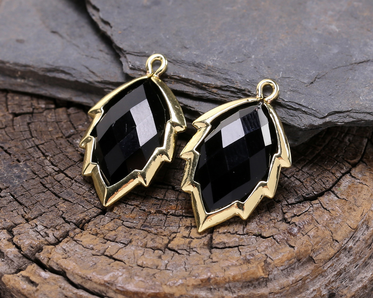 Black Obsidian Faceted Puff Leaf Focal w/ Gold Finish 14x22mm