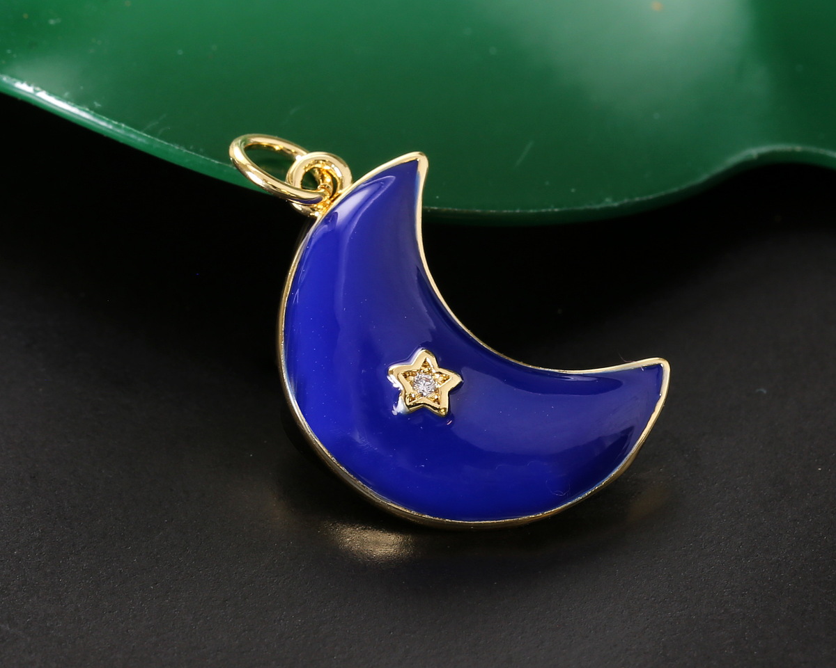 18k Gold (plated) Cobalt Enamel Crescent Moon w/ Crystal Star Focal 14x20mm