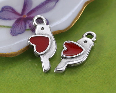 Antique Silver (plated) Red Enamel Love Bird Focal 12x13.5mm