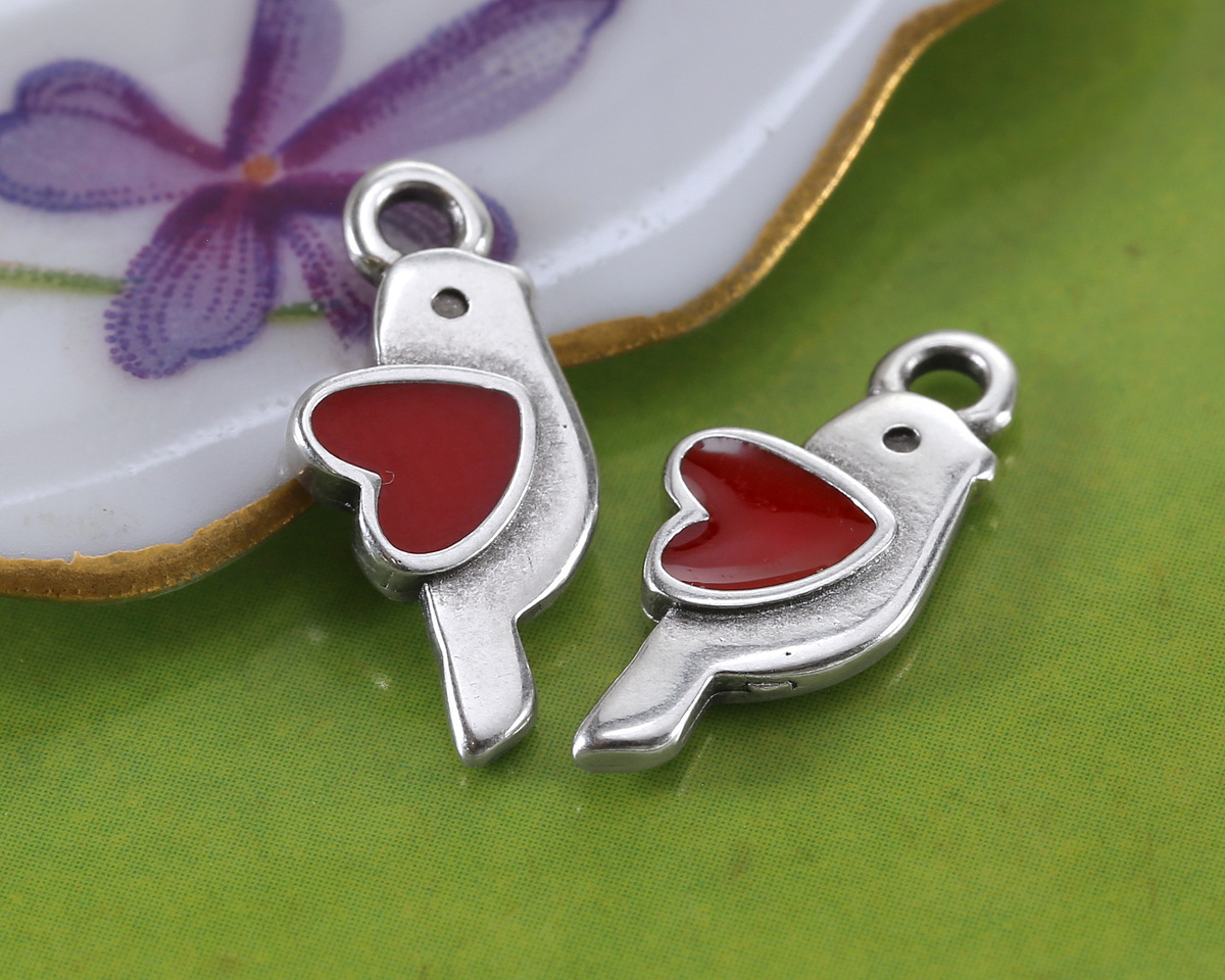 Antique Silver (plated) Red Enamel Love Bird Focal 12x13.5mm
