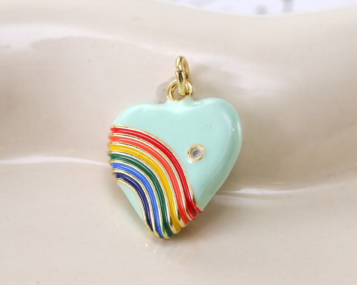 Sweet Mint Enamel w/ Rainbow & Gold Finish Heart Pendant 18x20mm