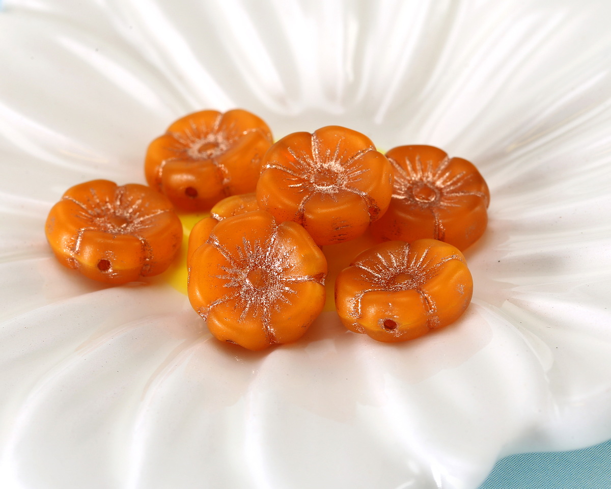 Czech Glass Tangerine Opal w/ Copper Hibiscus Coin 12mm