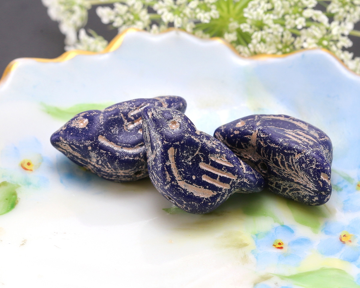 Czech Glass Dark Indigo w/ Platinum Bird 11x22mm