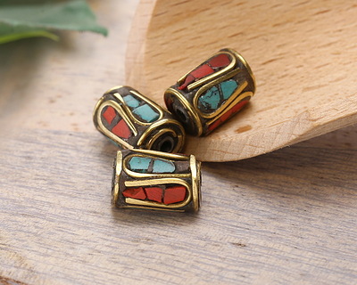Nepalese Brass w/ Coral & Turquoise Mosaic Drops Long Tube Bead 12x9mm