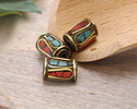 Nepalese Brass w/ Coral & Turquoise Mosaic Drops Long Tube Bead 12x9mm