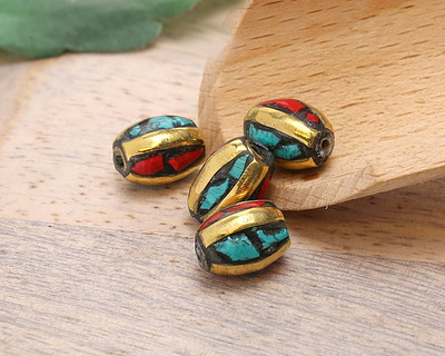 Nepalese Brass w/ Turquoise & Coral Mosaic Small Rice Bead 11-12x8mm