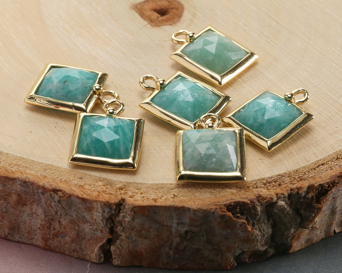 Brazil Amazonite w/ Gold Finish Faceted Square Focal 10x13mm