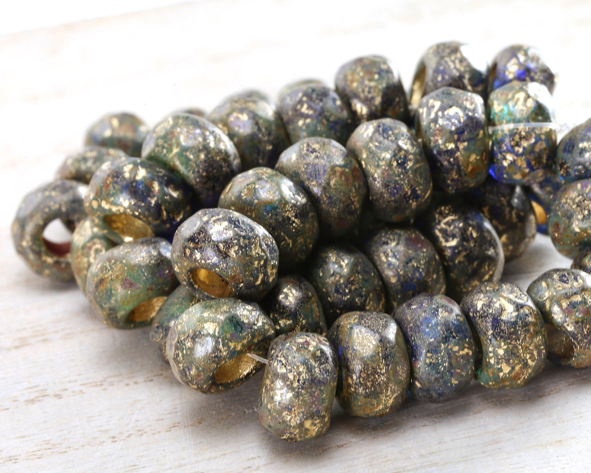 Czech Glass Etched Earth w/ Gold Lining Large Hole Fire Polished Rondelle 8x13mm