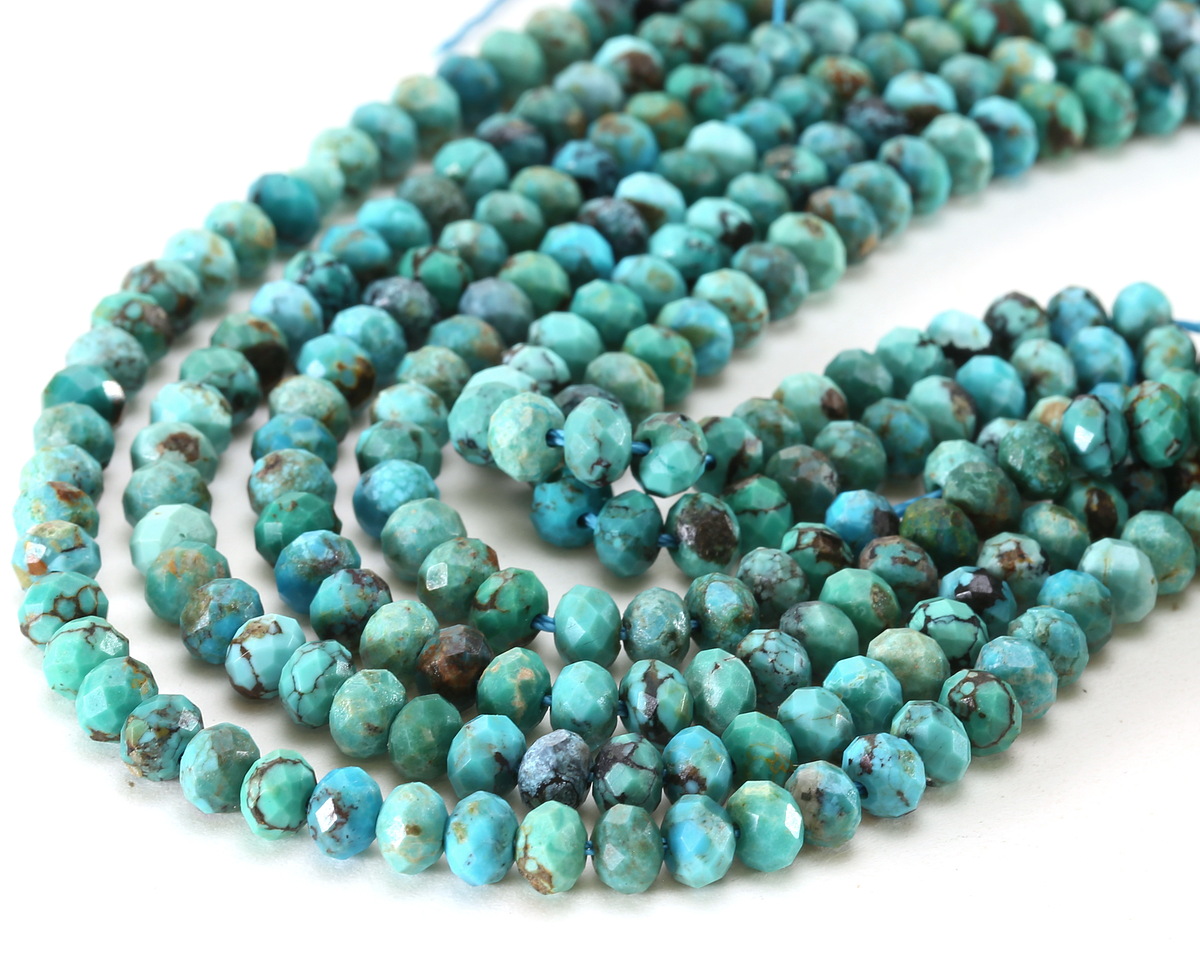 Hubei Turquoise (A, Blue Green w/ Matrix) Microfaceted Rondelle 3x5mm