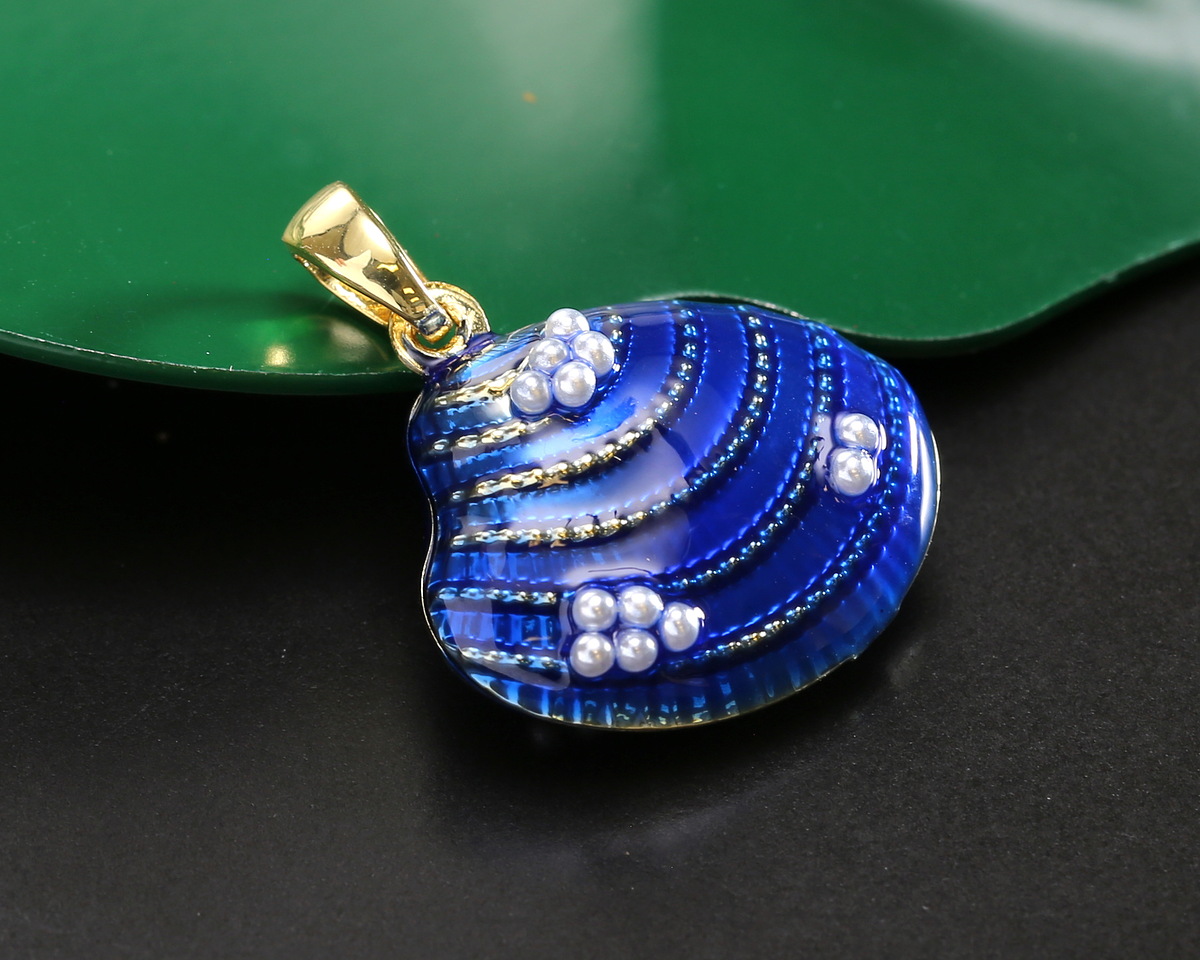 18k Gold (plated) Blue Enamel Clam Shell w/ Tiny Pearl Bubbles Focal 20x19.5mm
