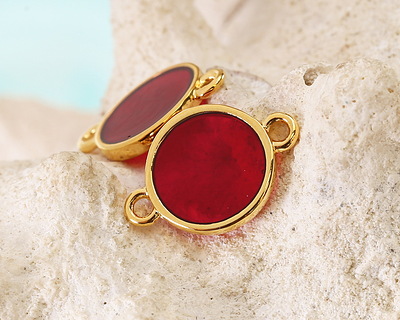 24K Gold (Plated) Transparent Ruby Red Resin Round Focal Link 12x17mm