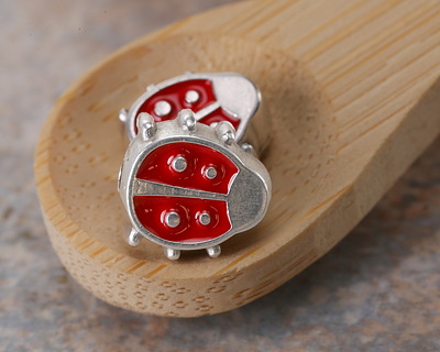 Antique Silver (plated) Red Enamel Ladybug Bead 9.5mm