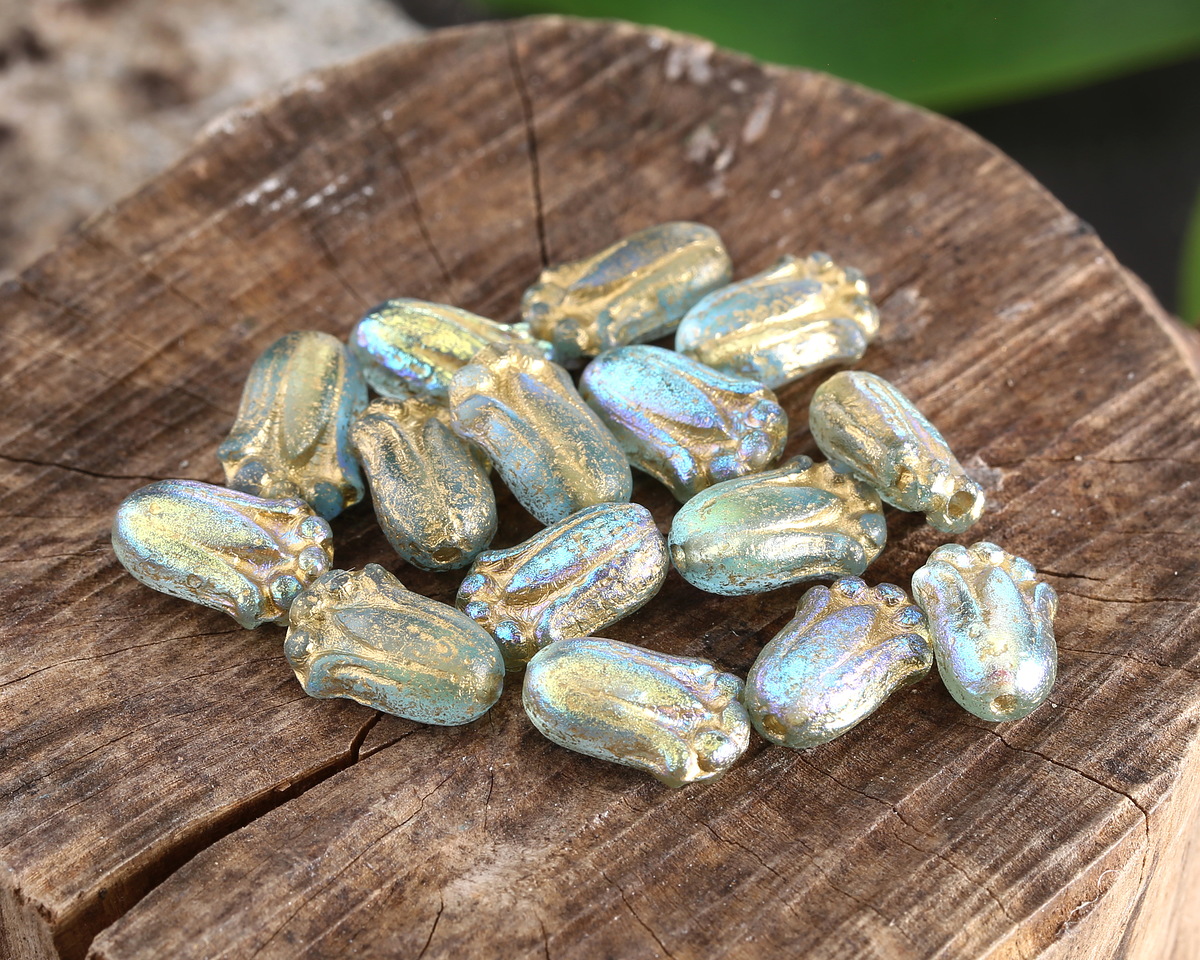 Czech Glass Textured Aquamarine AB w/ Gold Wash Tulip 12x8mm