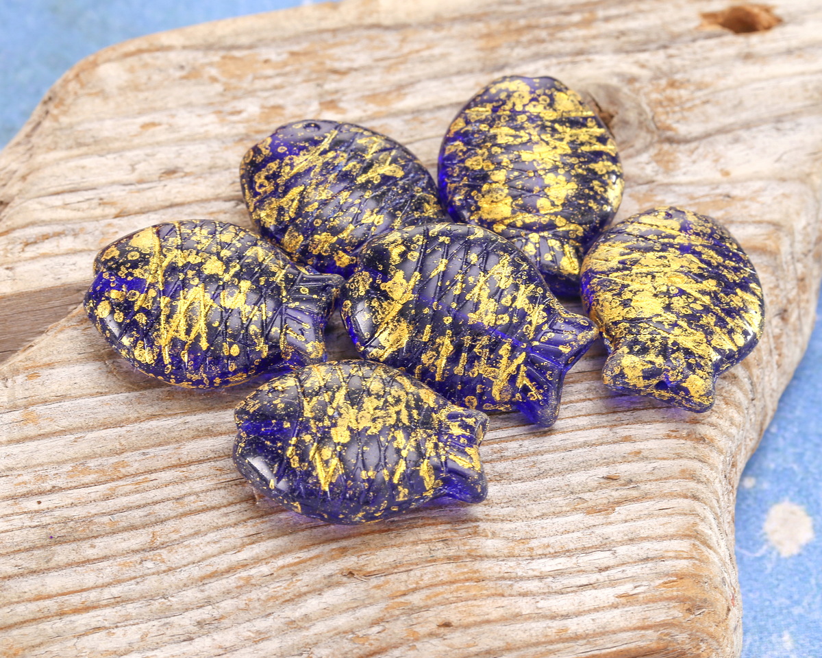 Czech Glass Sapphire w/ Gold Sunfish 24x18mm