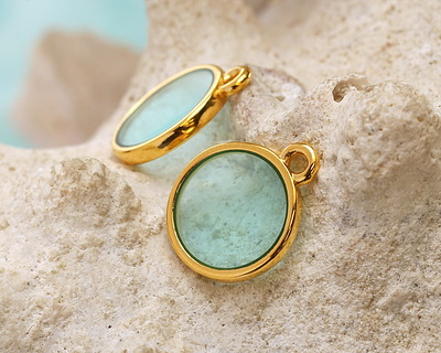 24K Gold (Plated) Transparent Sea Green Resin Round Focal 12x14mm