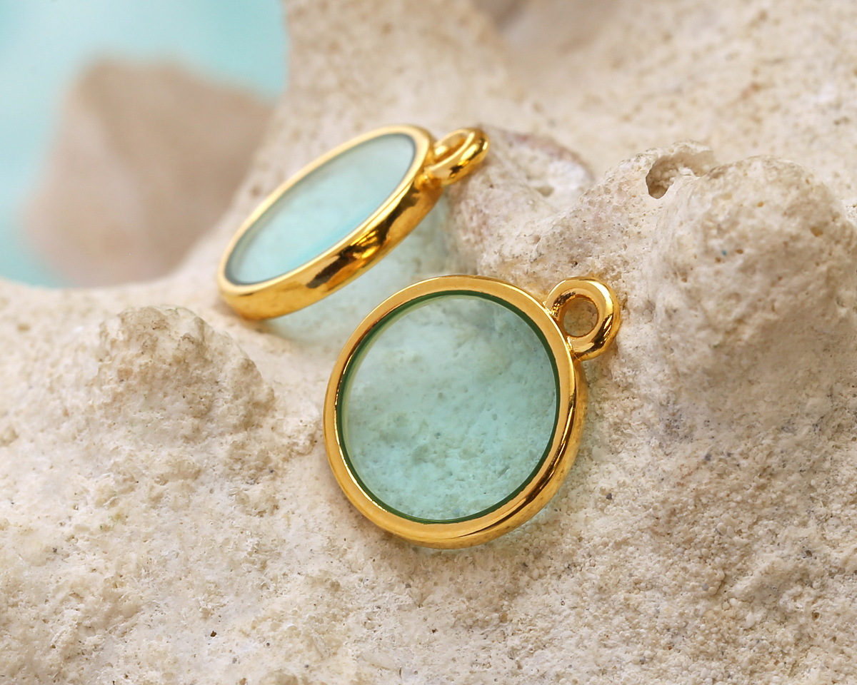 24K Gold (Plated) Transparent Sea Green Resin Round Focal 12x14mm