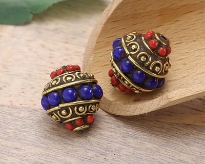 Nepalese Brass w/ Bands of Coral & Lapis Dots Rice 17mm