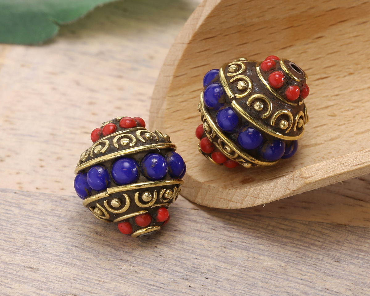 Nepalese Brass w/ Bands of Coral & Lapis Dots Rice 17mm