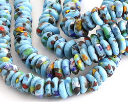 African Recycled Glass & Seed Bead Aqua w/ Multi Colored Confetti Mini Donut 4-5x11-12mm