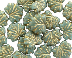 Czech Glass Etched Sea Green w/ Gold Maple Leaf 11x13mm