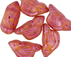 Czech Glass Matte Amber w/ Metallic Pink Wash Bird 11x22mm