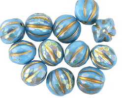 Czech Glass Blue Turquoise AB w/ Gold Faceted Melon Round 10mm