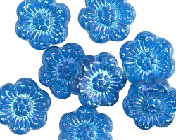 Czech Glass Matte Capri Blue AB Wild Rose Coin 14mm