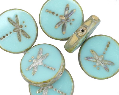 Czech Glass Turquoise Picasso Dragonfly Coin 17mm