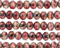 Czech Glass Raspberry Ice Picasso Fire Polished Rondelle 5x7mm