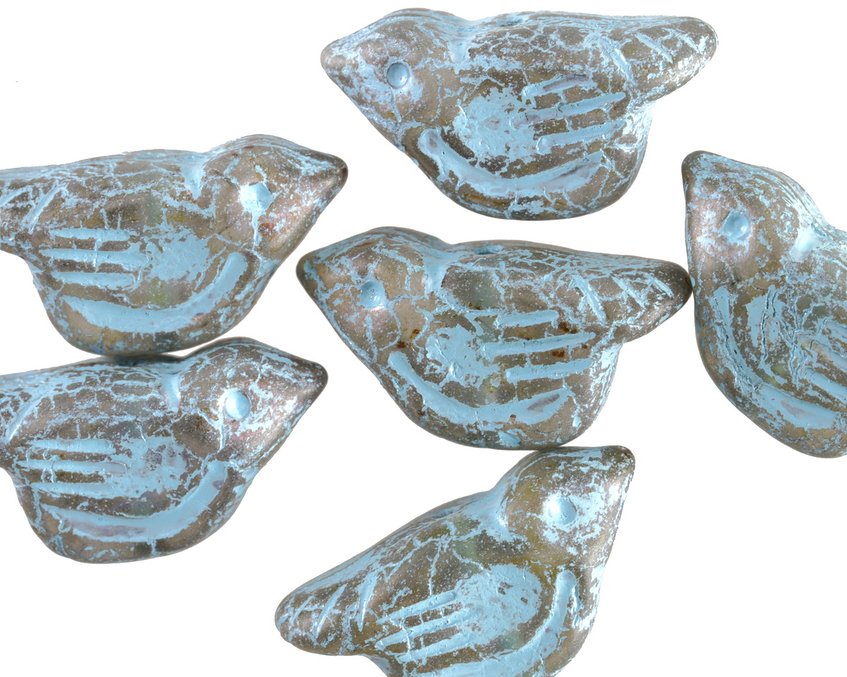 Czech Glass Matte Storm Cloud w/ Turquoise Wash Bird 11x22mm
