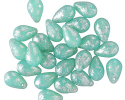 Czech Glass Turquoise Green Opal w/ Silver Flecks Teardrop 6x9mm