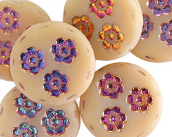 Czech Glass Matte Bisque w/ Metallic Rainbow Flower Trio Coin Bead 21mm
