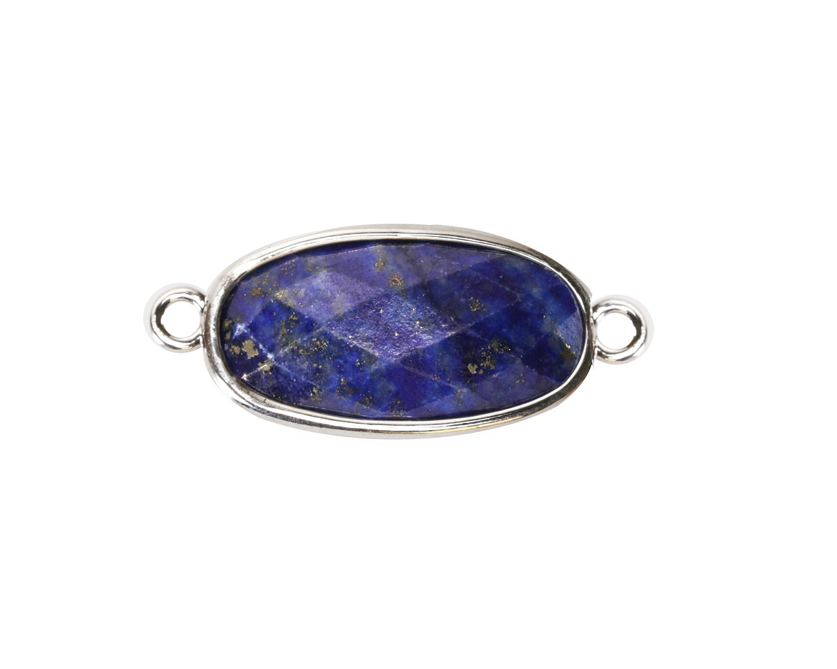 Lapis (Natural) Faceted Puff Oval Link w/ Silver Finish Bezel 12x20mm