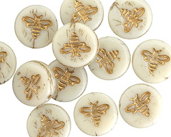 Czech Glass Vanilla w/ Gold Bee Coin 12mm