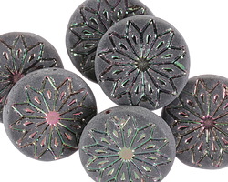 Czech Glass Matte Jet w/ Metallic Pink & Green Origami Flower Coin 18mm