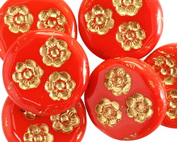 Czech Glass Red w/ Gold Flower Trio Coin Bead 21mm