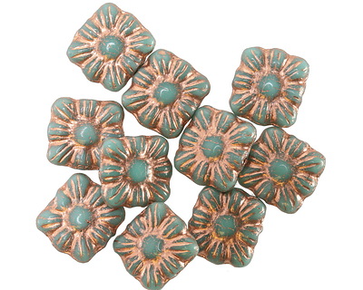 Czech Glass Turquoise w/ Copper Square Flower 9mm