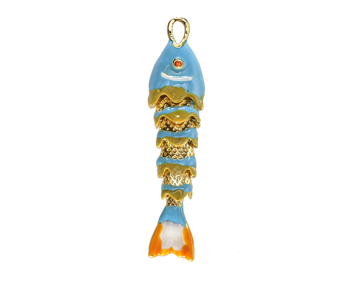 18k Gold (plated) Aqua, Mustard, & Orange Enamel Articulated Fish Focal 10.5x46mm