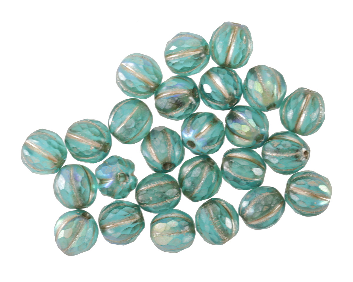 Czech Glass Matte Island Blue AB w/ Platinum Wash Faceted Melon Round 6mm