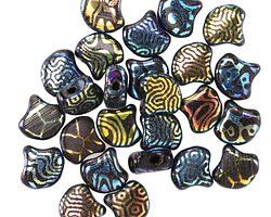 Czech Glass Laser Etched Mixed Designs on Jet AB 2-Hole Ginkgo Leaf 7.5mm