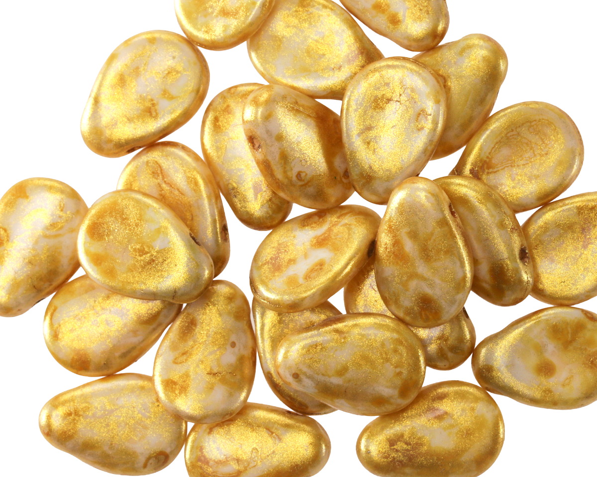 Czech Glass White w/ Gold Luster Flat Teardrop 8x11mm