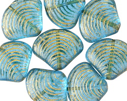 Czech Glass Aquamarine w/ Gold Wash Clam Shell Bead 15x18mm