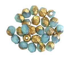 Czech Glass Sea Green w/ Etched Gold Finish Fire Polished Round 6mm