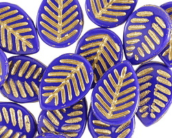 Czech Glass Cobalt w/ Gold Carved Leaf Drop 12x17mm